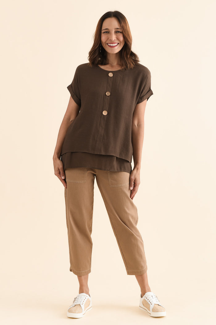 Abilene Chocolate Button Top,Full Body,Brunette model,alt text|model:Cara