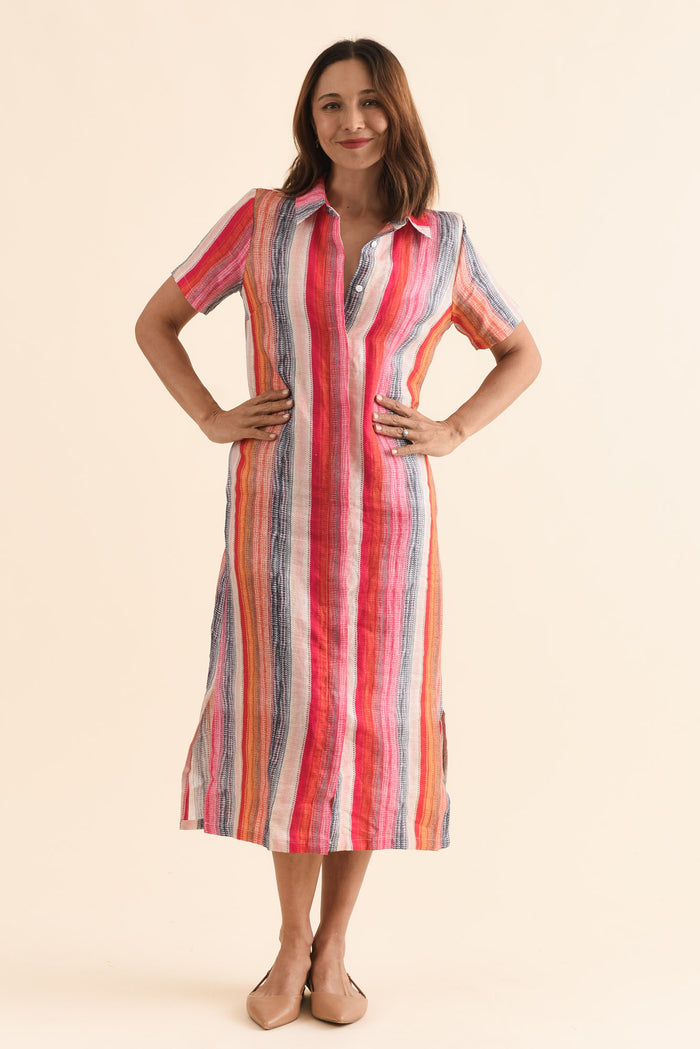 Abraham Red Stripe Linen Shirt Dress,Full Body,Brunette model,alt text|model:Cara