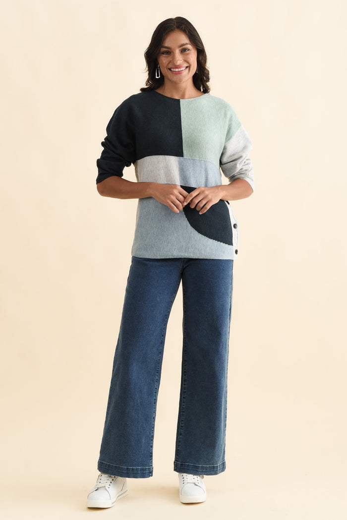 Acton Blue Splice Wool Blend Jumper,Brunette model,alt text|model:Brontie