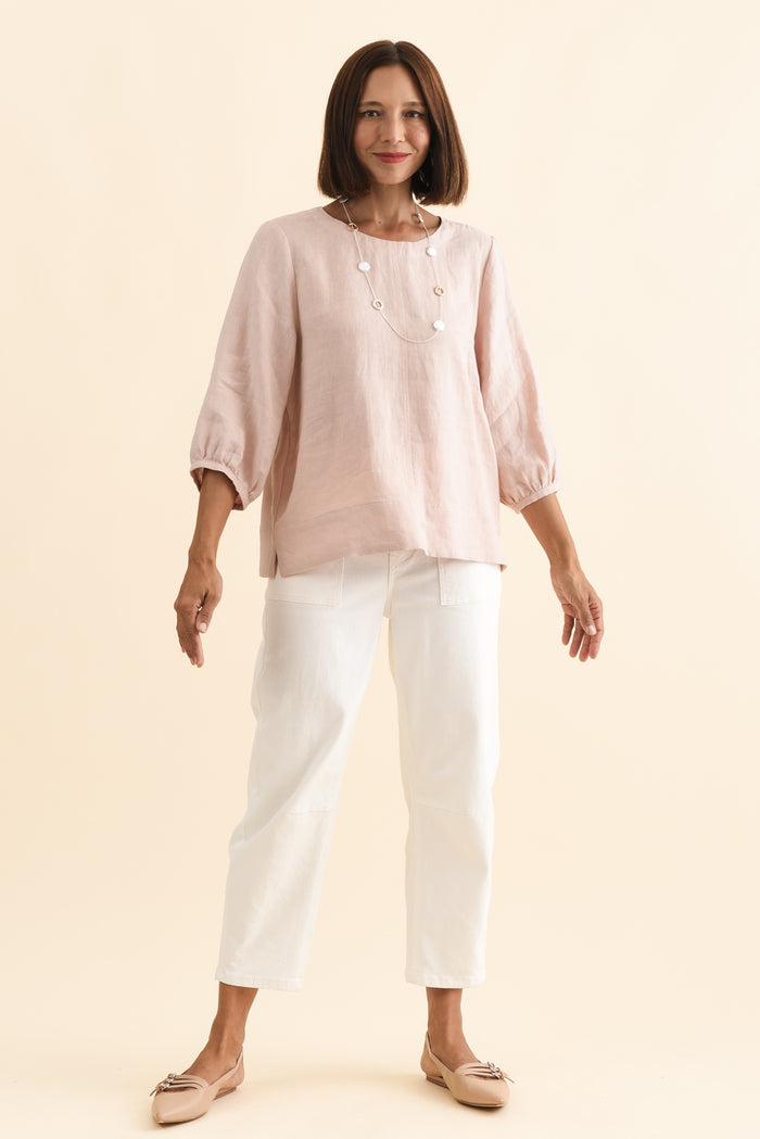 Addie Blush Linen Sleeved Top,Brunette model,alt text|model:Cara