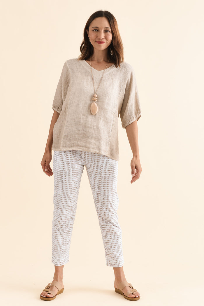 Air-Lite Taupe Spot Stretch Cropped Pants,Full Body,Brunette model,alt text|model:Cara