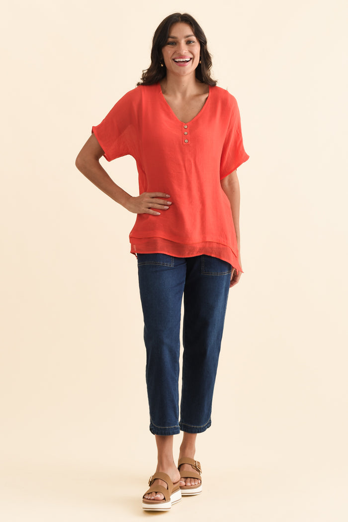 Alison Coral Layered Button Top,Brunette model,alt text|model:Brontie