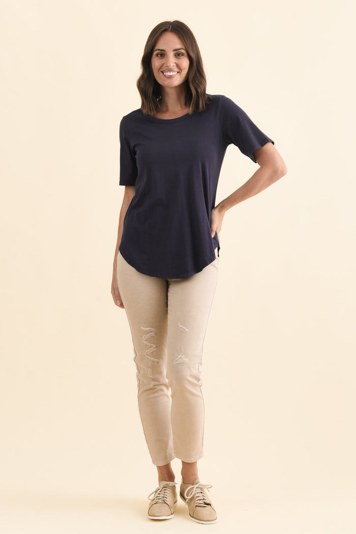 Ariana Navy Cotton Tee,Brunette model,alt text|model:MJ
