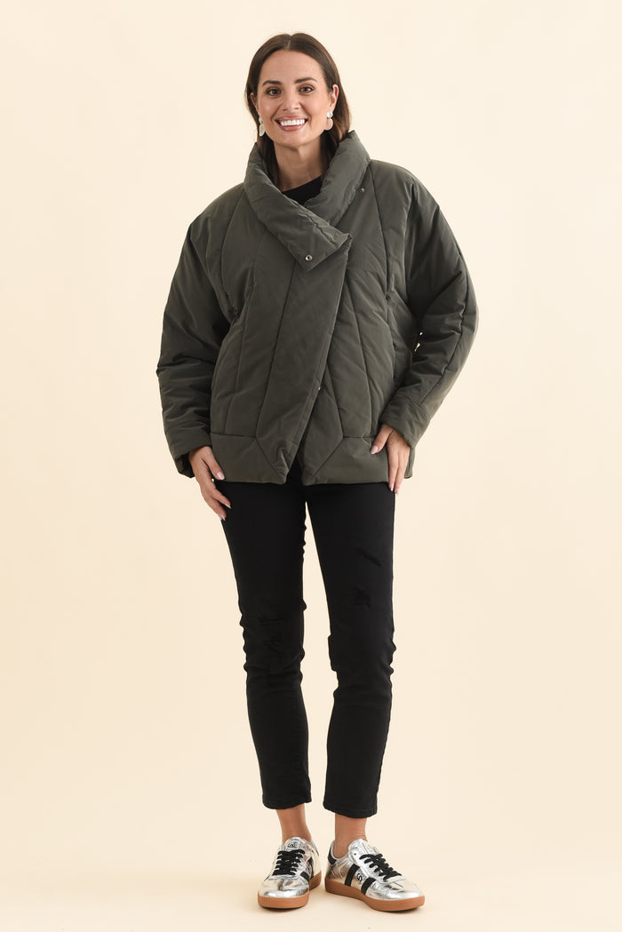 Arica Charcoal Wrap Puffer Jacket,Brunette model,alt text|model:MJ
