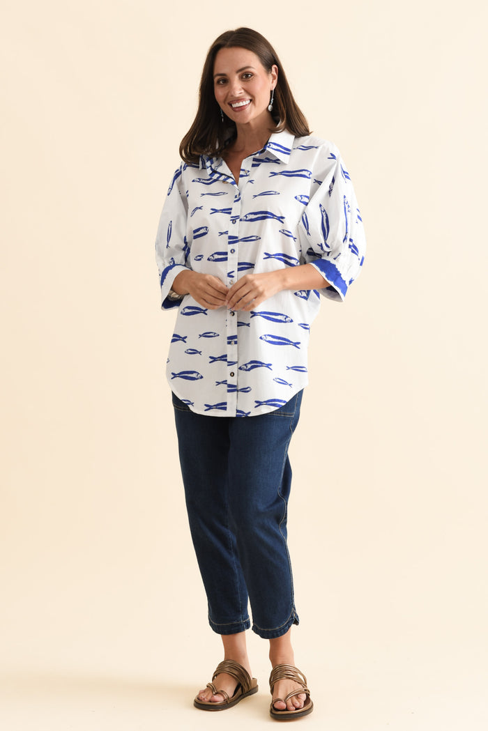 Aylan Blue Sea Cotton Shirt,Brunette model,alt text|model:MJ