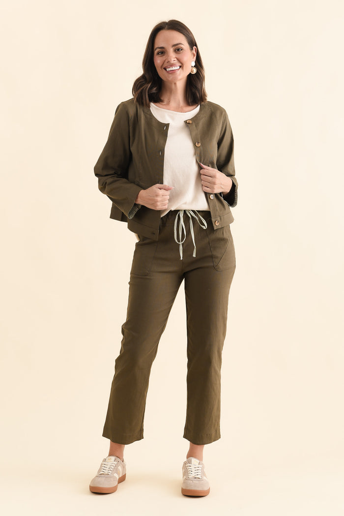 Barney Khaki Linen Blend Jacket,Brunette model,alt text|model:MJ