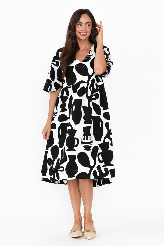 Brightside Black Abstract Cotton Dress,Brunette model,alt text|model:Elouise