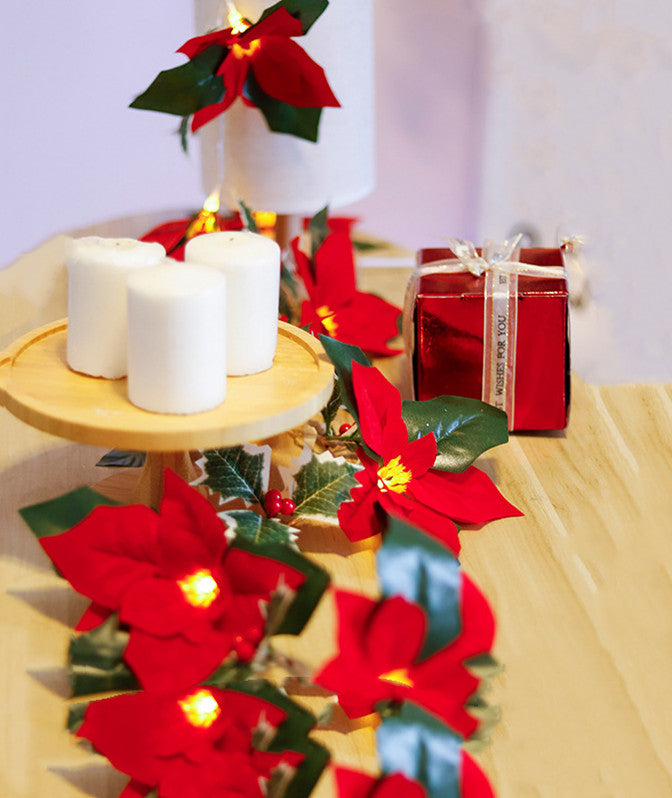Bulk 9.8FT Pre-lit Christmas Poinsettias Led Garland String Lights Artificial Flowers Runner Wholesale