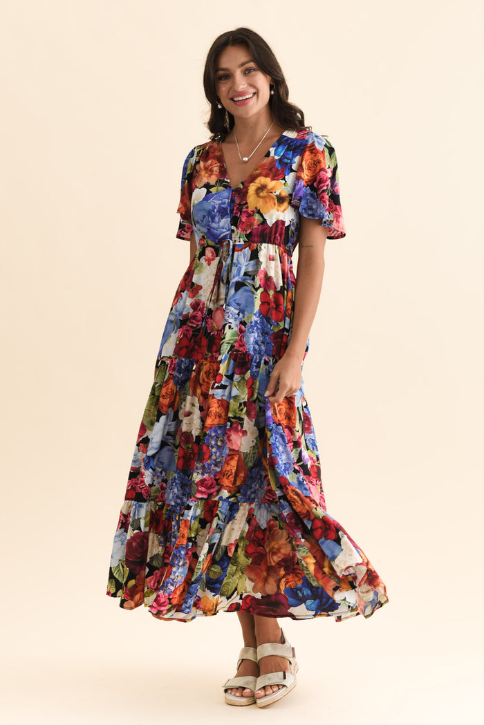 Butler Orange Garden Tie Maxi Dress,Brunette model,alt text|model:Brontie
