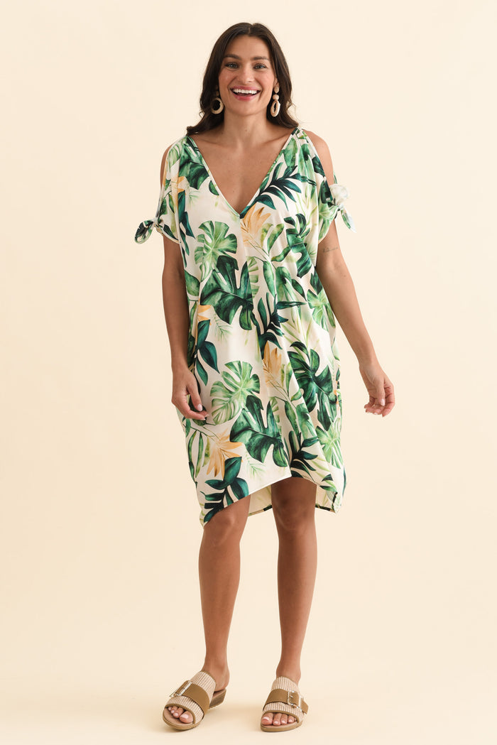 Candice Green Leaf Cold Shoulder Kaftan