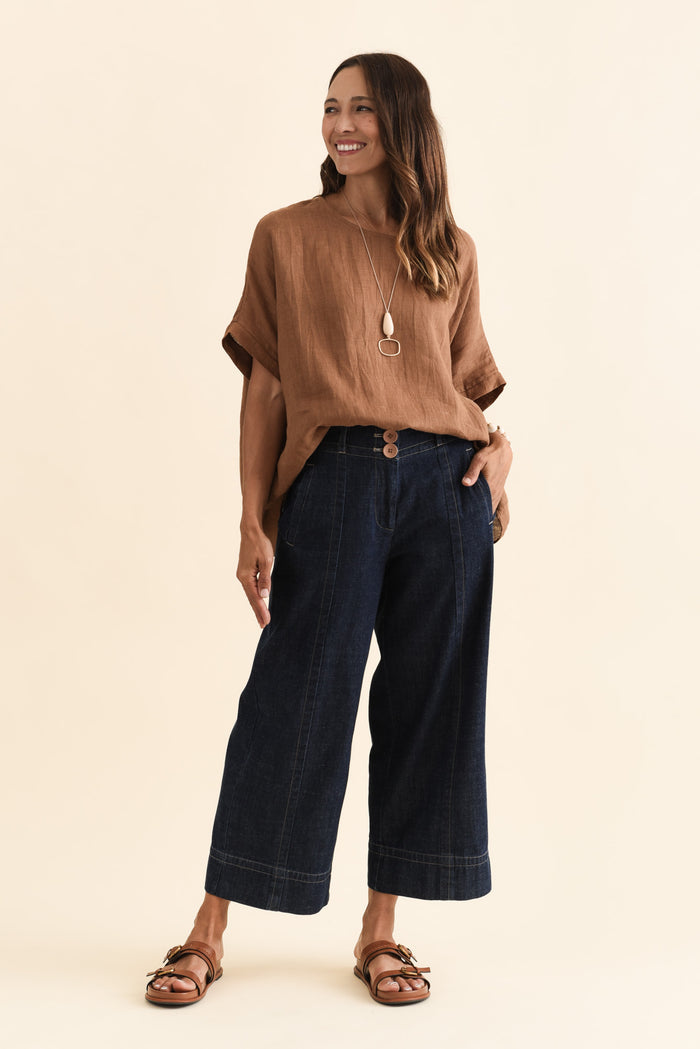 Carsen Dark Blue Wide Leg Jeans,Brunette model,alt text|model:Cara