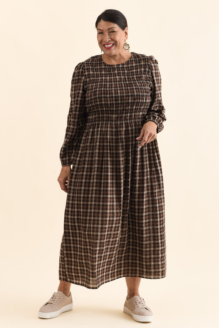 Coco Chocolate Check Cotton Dress,Full Body,Brunette model,alt text|model:Pilita