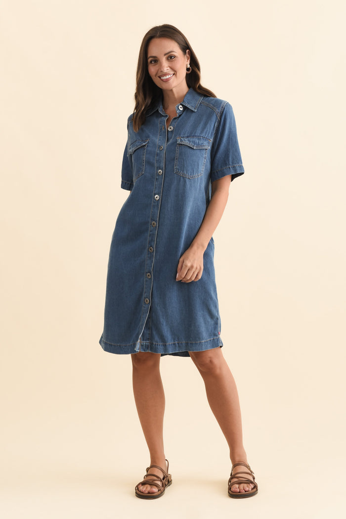 Cora Blue Denim Shirt Dress,Brunette model,alt text|model:MJ