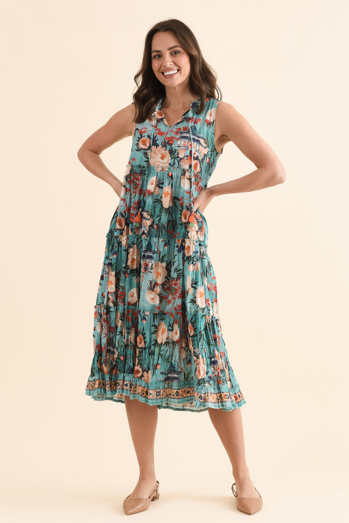 Cosita Light Blue Garden Cotton Pocket Dress,Full Body,Brunette model,alt text|model:MJ