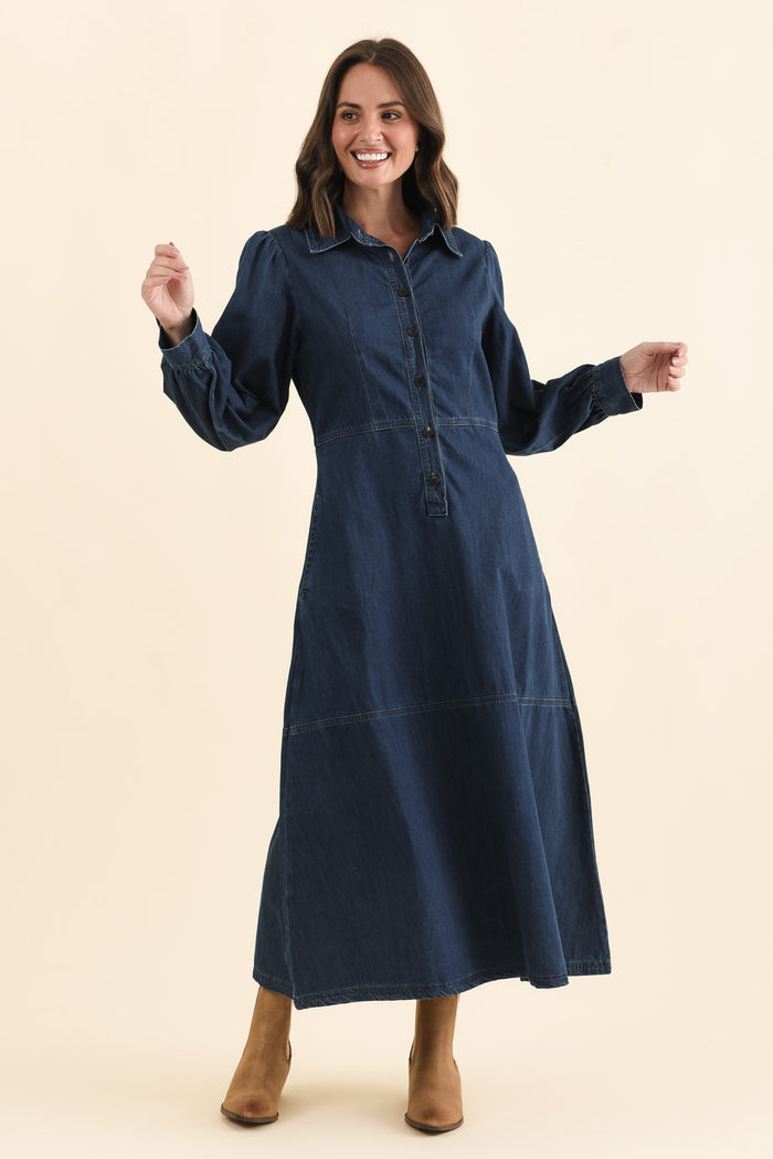 Detroit Dark Blue Denim Sleeved Dress