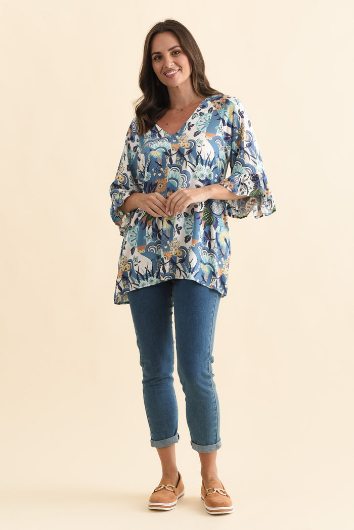 Diona Blue Floral Frill Sleeve Top,Brunette model,alt text|model:MJ