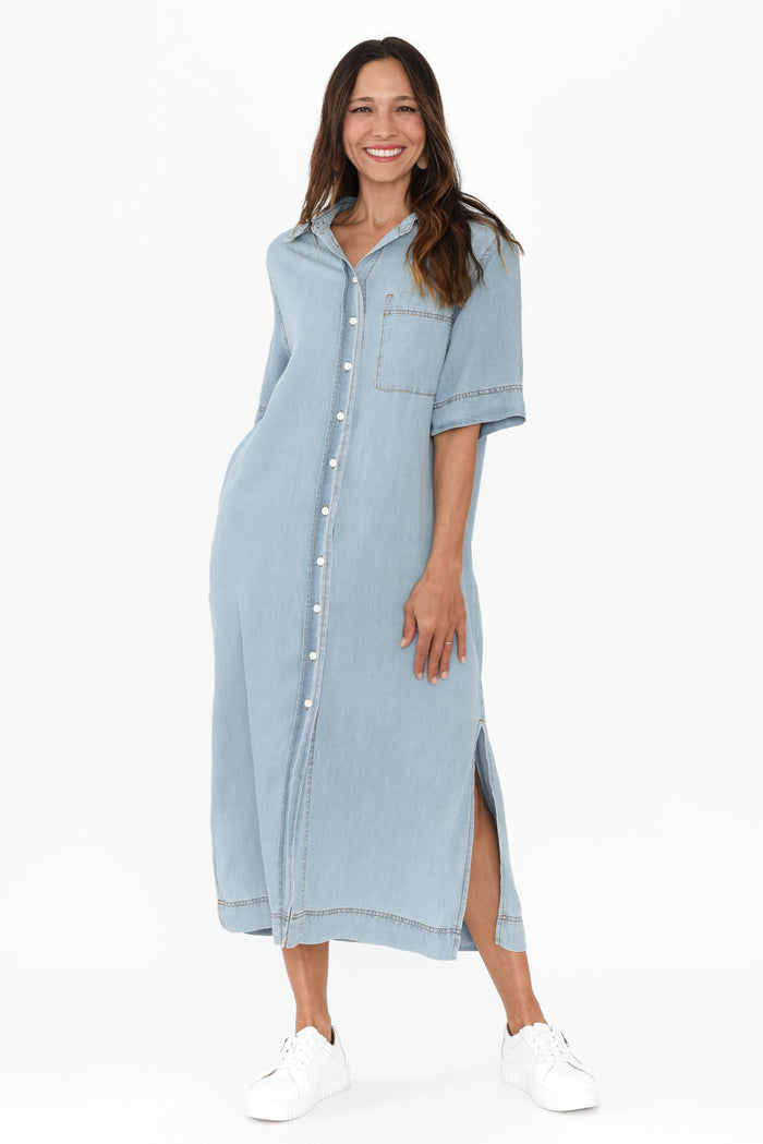 Emmy Blue Denim Shirt Dress,Brunette model,alt text|model:Cara