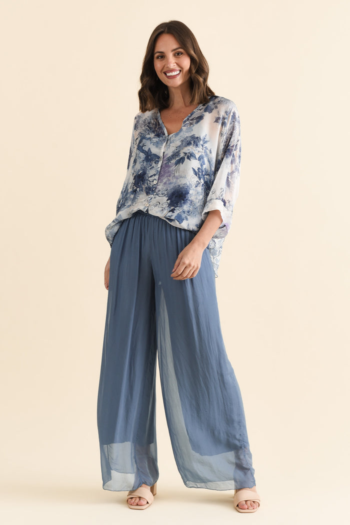 Enid Blue Silk Pants,Brunette model,alt text|model:MJ