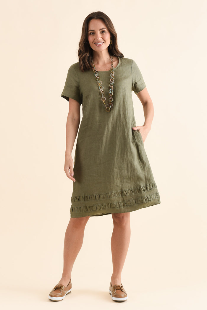 Erikson Olive Linen Pocket Dress,Full Body,Brunette model,alt text|model:MJ