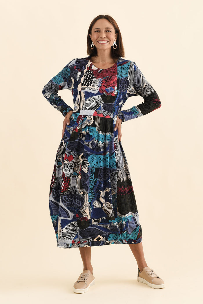 Estie Blue Abstract Pocket Midi Dress,Brunette model,alt text|model:Cara