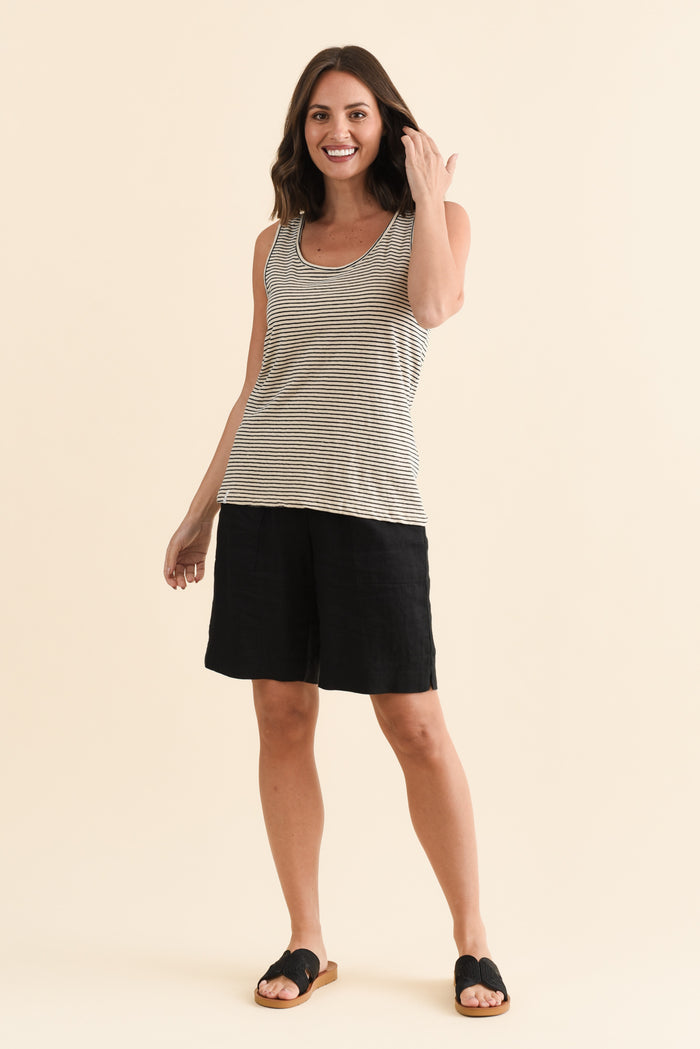 Evie Black Stripe Cotton Linen Tank,Brunette model,alt text|model:MJ