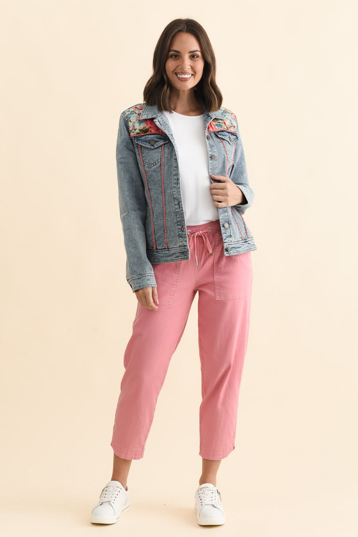 Gerri Pink Garden Denim Jacket,Brunette model,alt text|model:MJ