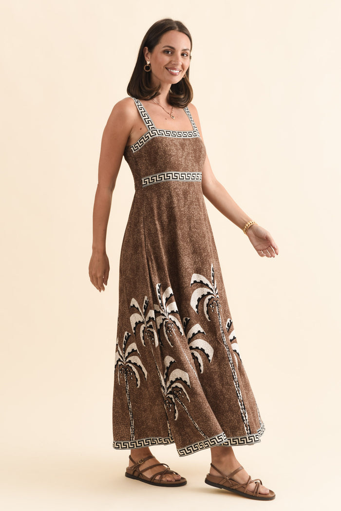 Giovanna Brown Tropical Maxi Dress,Brunette model,alt text|model:MJ