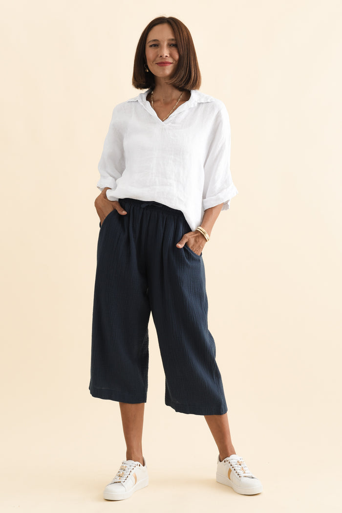 Harvey Navy Cotton Cheesecloth Cropped Pants,Brunette model,alt text|model:Cara