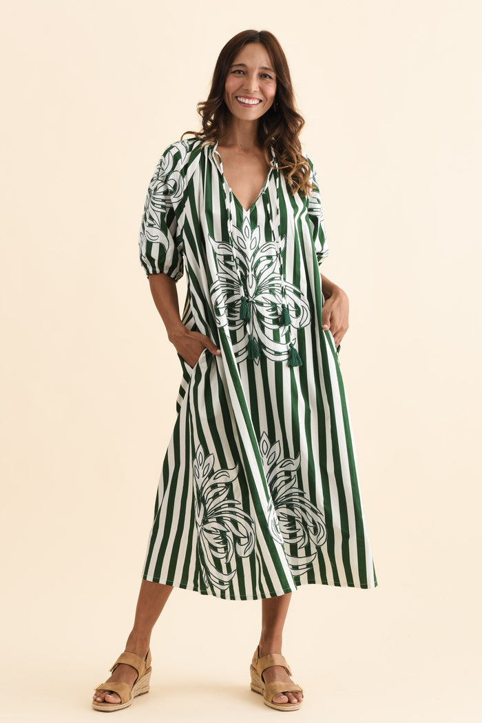 Ivanka Green Stripe Cotton Tie Dress,Brunette model,alt text|model:Cara