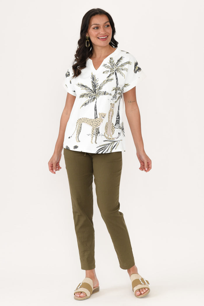 Jacinda White Jungle Cotton Top,Brunette model,alt text|model:Brontie