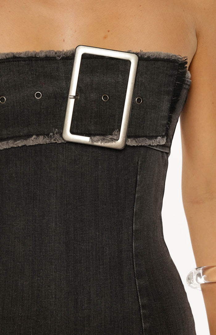 Jengi Black Washed Denim Buckle Strapless Mini Dress