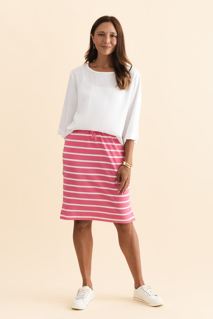 Johnnie Pink Stripe Cotton Drawstring Skirt,Brunette model,alt text|model:Cara