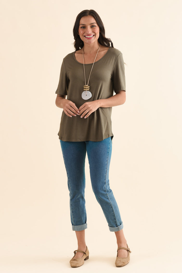 Josephine Khaki Scoop Neck Tee,Full Body,Brunette model,alt text|model:Brontie