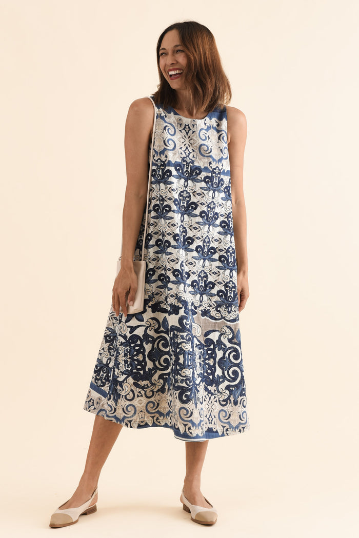 Karlan Navy Patchwork Cotton Pocket Dress,Full Body,Brunette model,alt text|model:Cara
