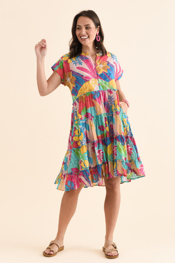 Kaylee Yellow Blossom Crinkle Cotton Dress,Full Body,Brunette model,alt text|model:MJ