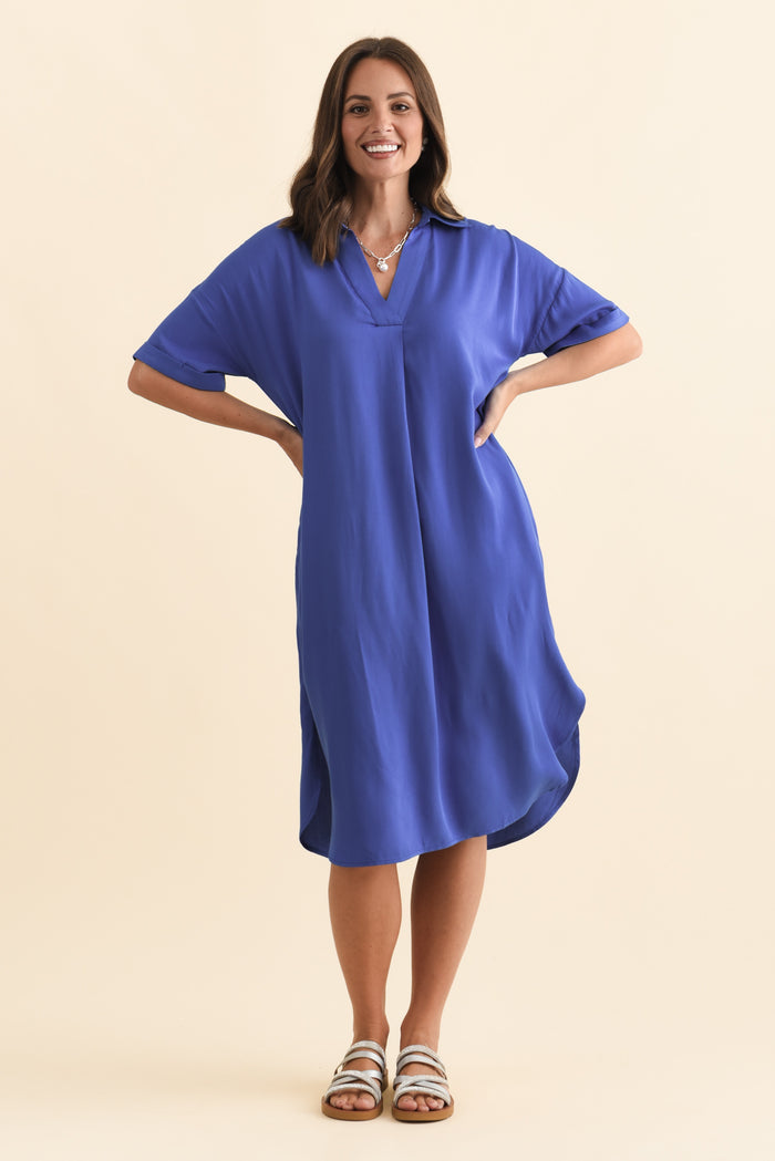 Kazi Cobalt Shirt Dress,Brunette model,alt text|model:MJ