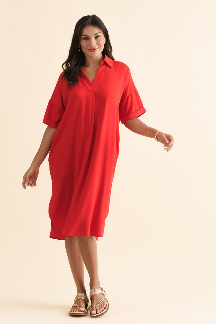Kazi Red Shirt Dress,Brunette model,alt text|model:Brontie