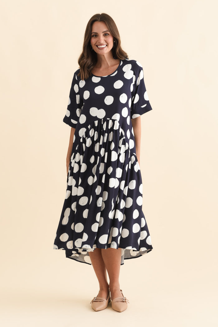 Kiana Navy Spot Peak Dress,Brunette model,alt text|model:MJ