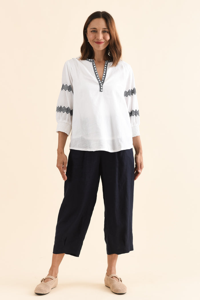 Kooma White Cotton Embroidered Top,Full Body,Brunette model,alt text|model:Cara