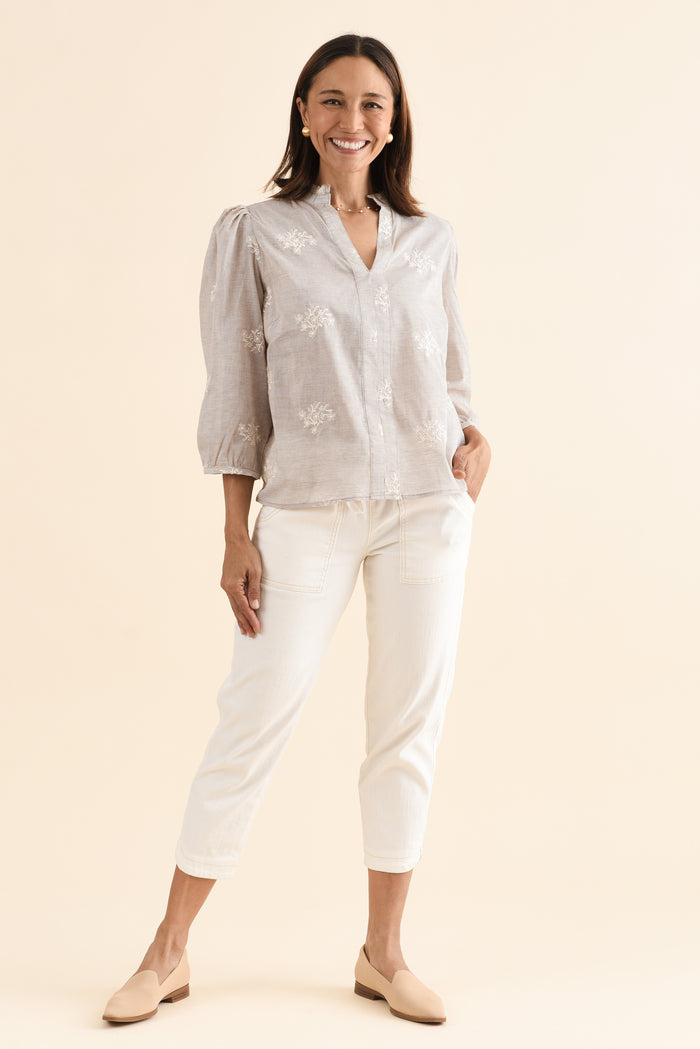 Korey Beige Stripe Cotton Blouse,Full Body,Brunette model,alt text|model:Cara