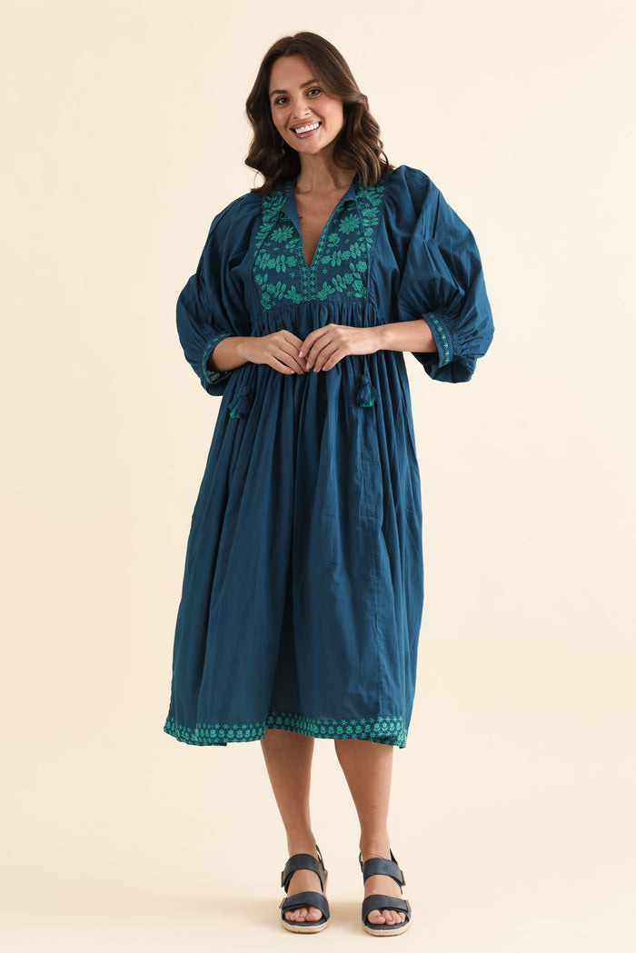 Lazlo Blue Cotton Embroidered Dress,brunette model,Full Outfit,alt text|model:MJ