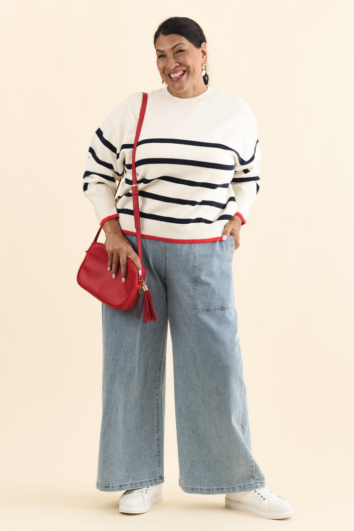 Leonie Navy Stripe Knit Sweater,Brunette model,alt text|model:Pilita