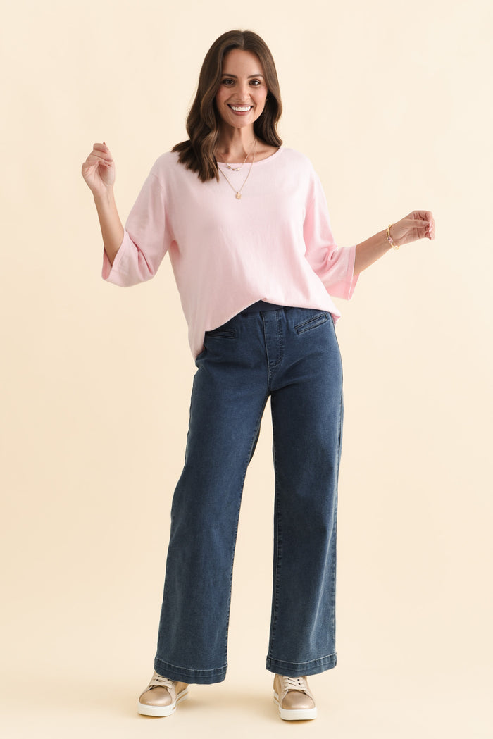 Liberty Pink Cotton Knit 3/4 Sleeve Top,Brunette model,alt text|model:MJ