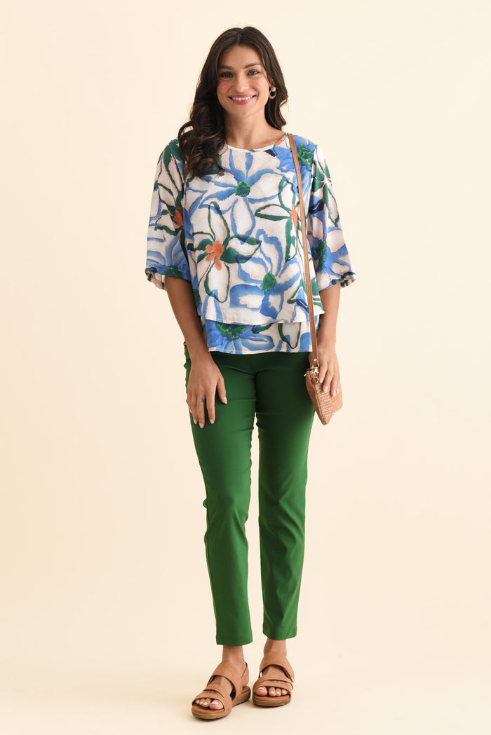 Liora Blue Flower Layered Top,Brunette model,alt text|model:Brontie