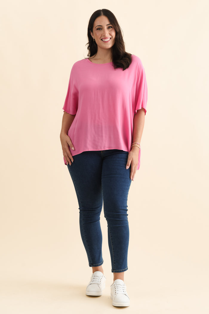 Mali Hot Pink Drape Top,Brunette model,alt text|model:Emilia