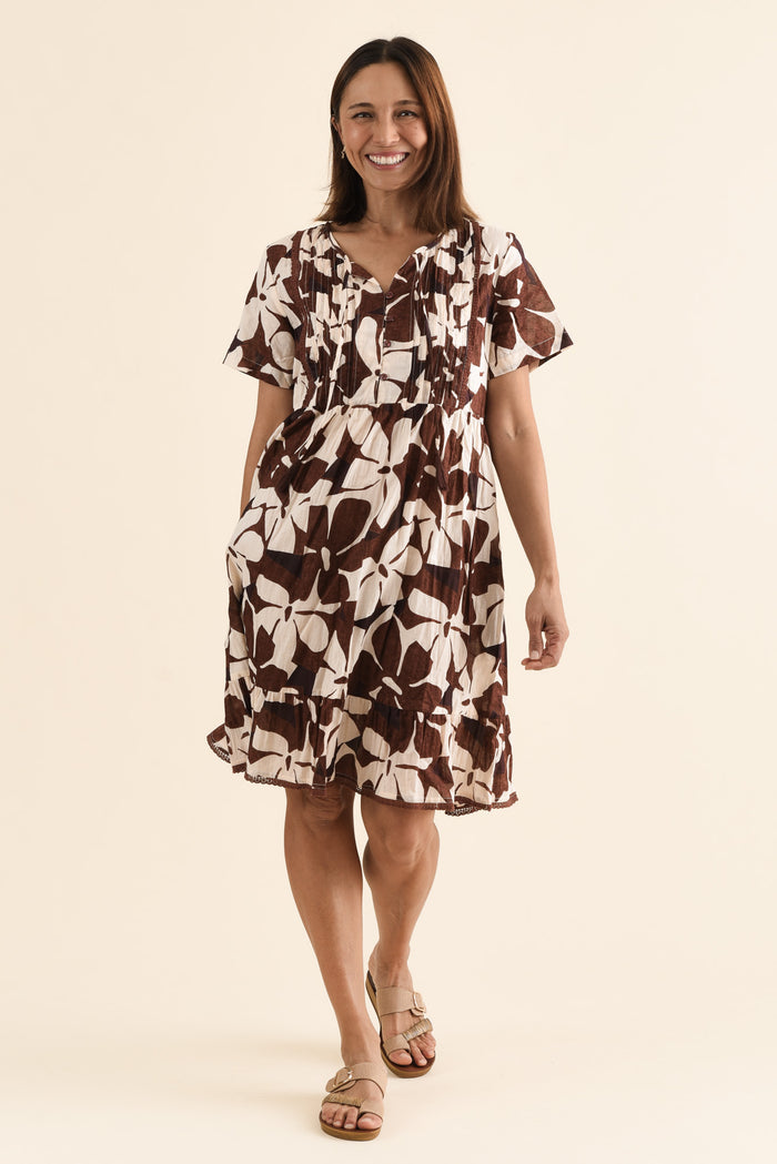 Marisol Chocolate Garden Crinkle Cotton Dress,Full Body,Brunette model,alt text|model:Cara