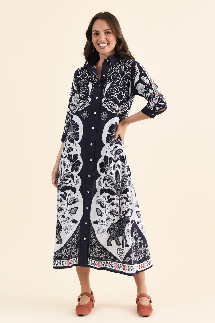 Melita Navy Motif Cotton Shirt Dress,brunette model,Full Outfit,alt text|model:MJ