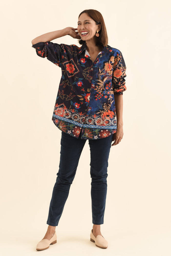 Meyer Navy Botanical Cotton Shirt,Brunette model,alt text|model:Cara