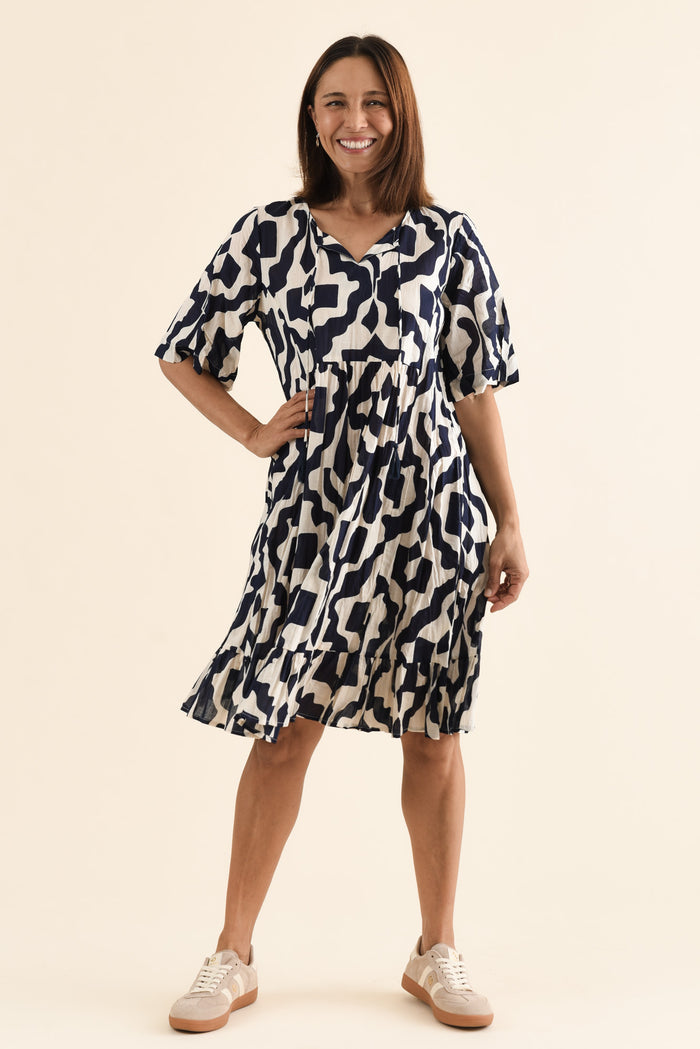 Mila Navy Motif Crinkle Cotton Dress,Full Body,Brunette model,alt text|model:Cara