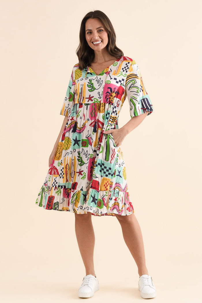 Mila White Seaside Crinkle Cotton Dress,Full Body,Brunette model,alt text|model:MJ